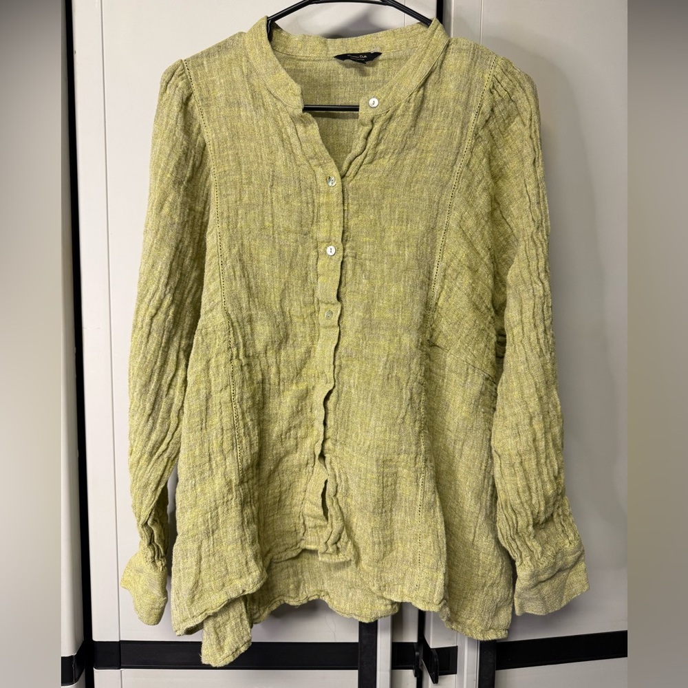 Massimo Dutti Linen Blend Blouse Women’s Medium Green Textured Button Front Boho